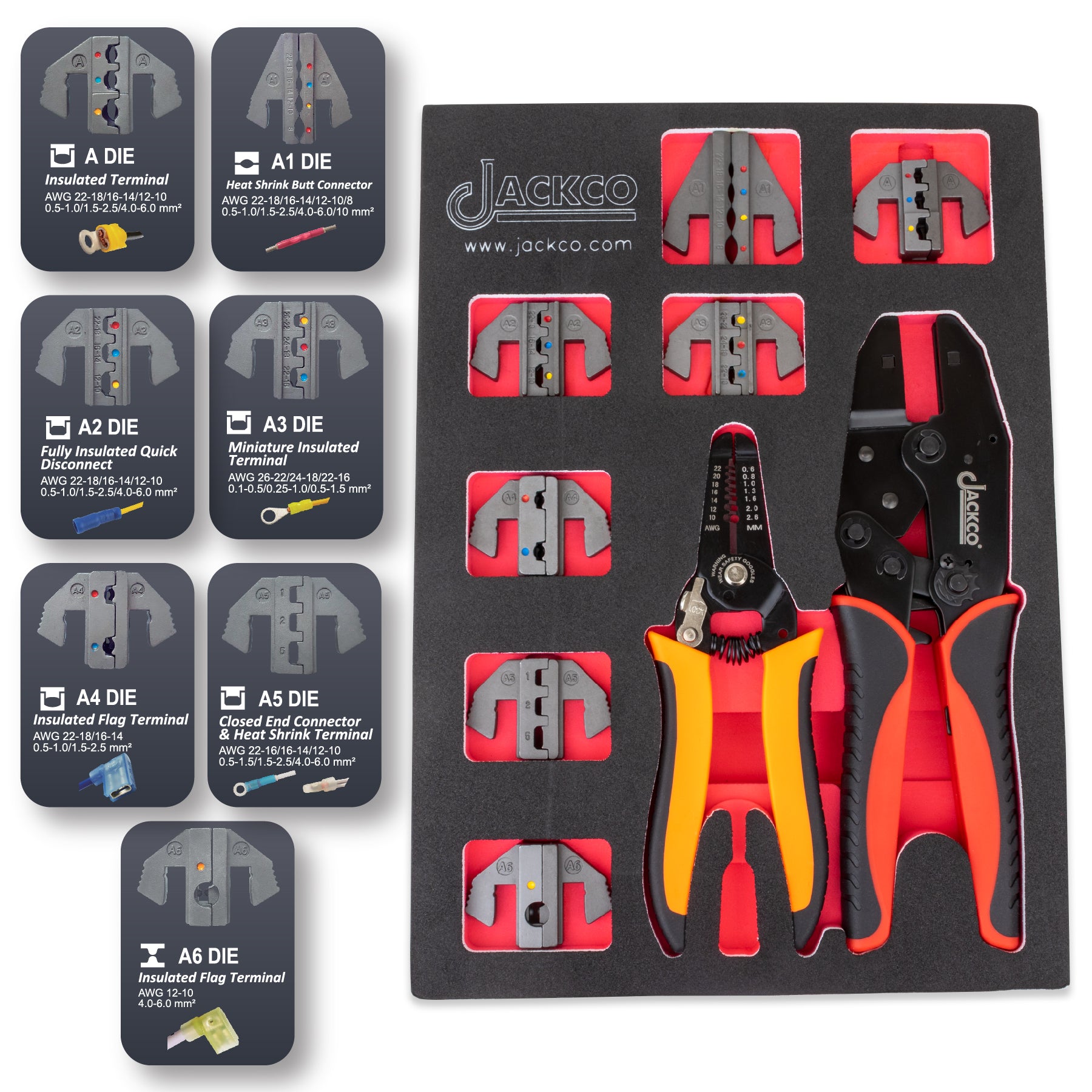 Interchangeable Ratcheting Terminal Crimper Set - 7 Die Sets Quick Change