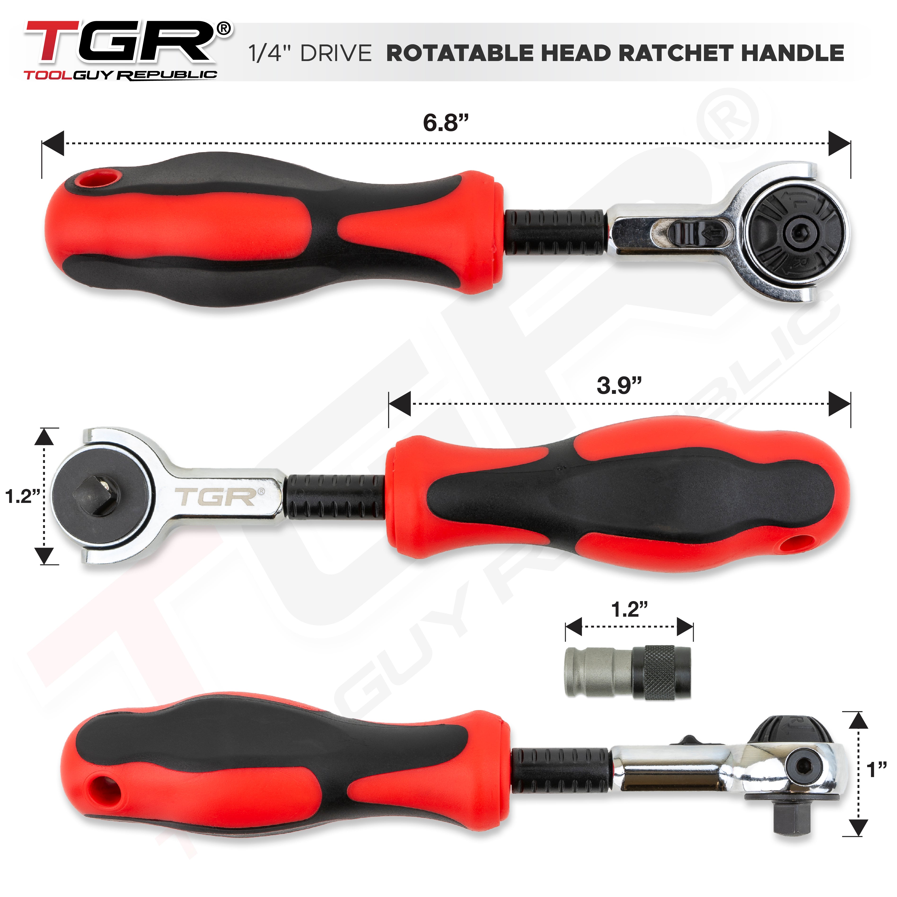 1/4" Drive Rotatable Head 100-Tooth Ratchet Handle with Included 1/4" Square to 1/4" Hex Bit Adapter