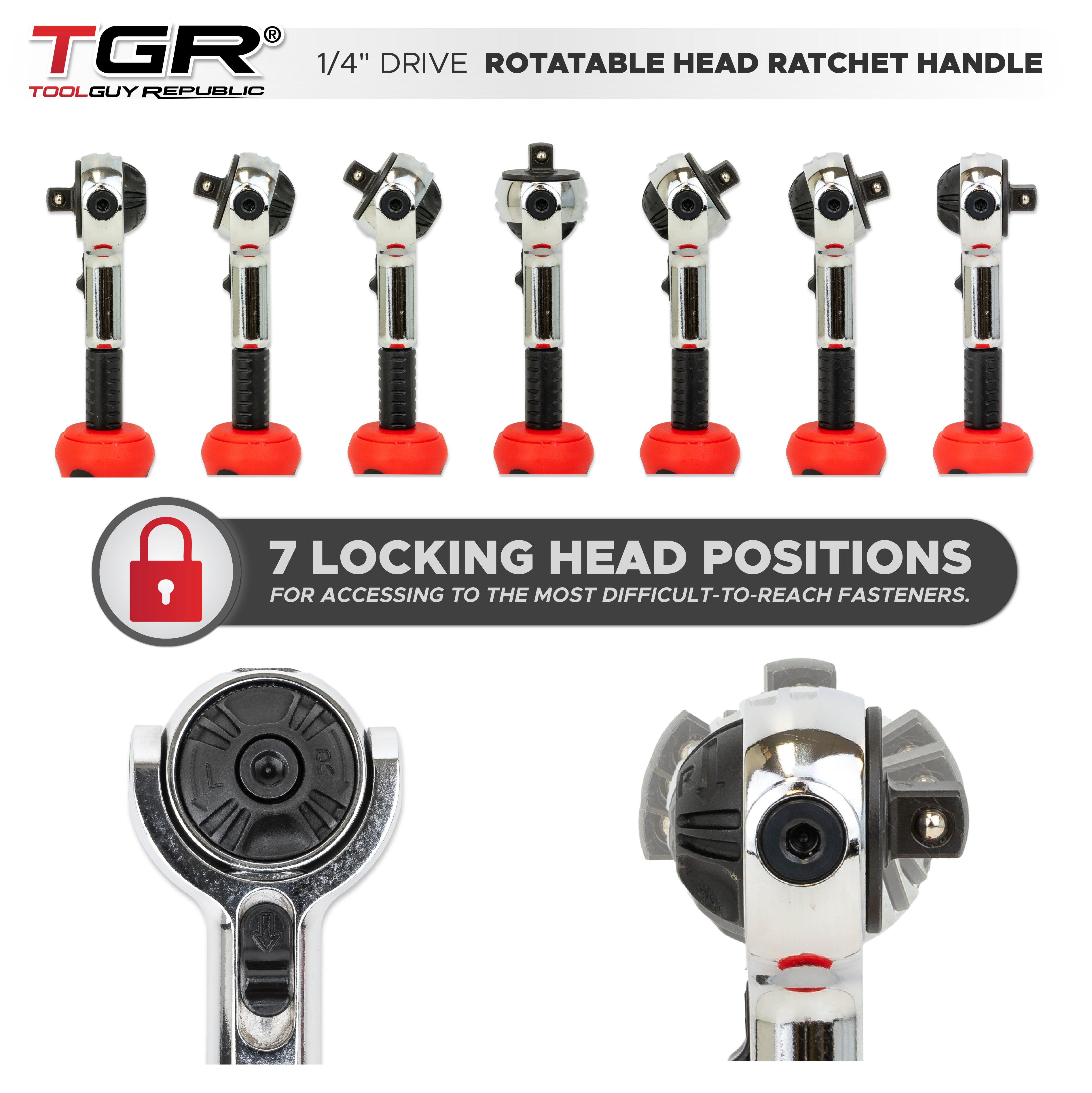 1/4" Drive Rotatable Head 100-Tooth Ratchet Handle with Included 1/4" Square to 1/4" Hex Bit Adapter