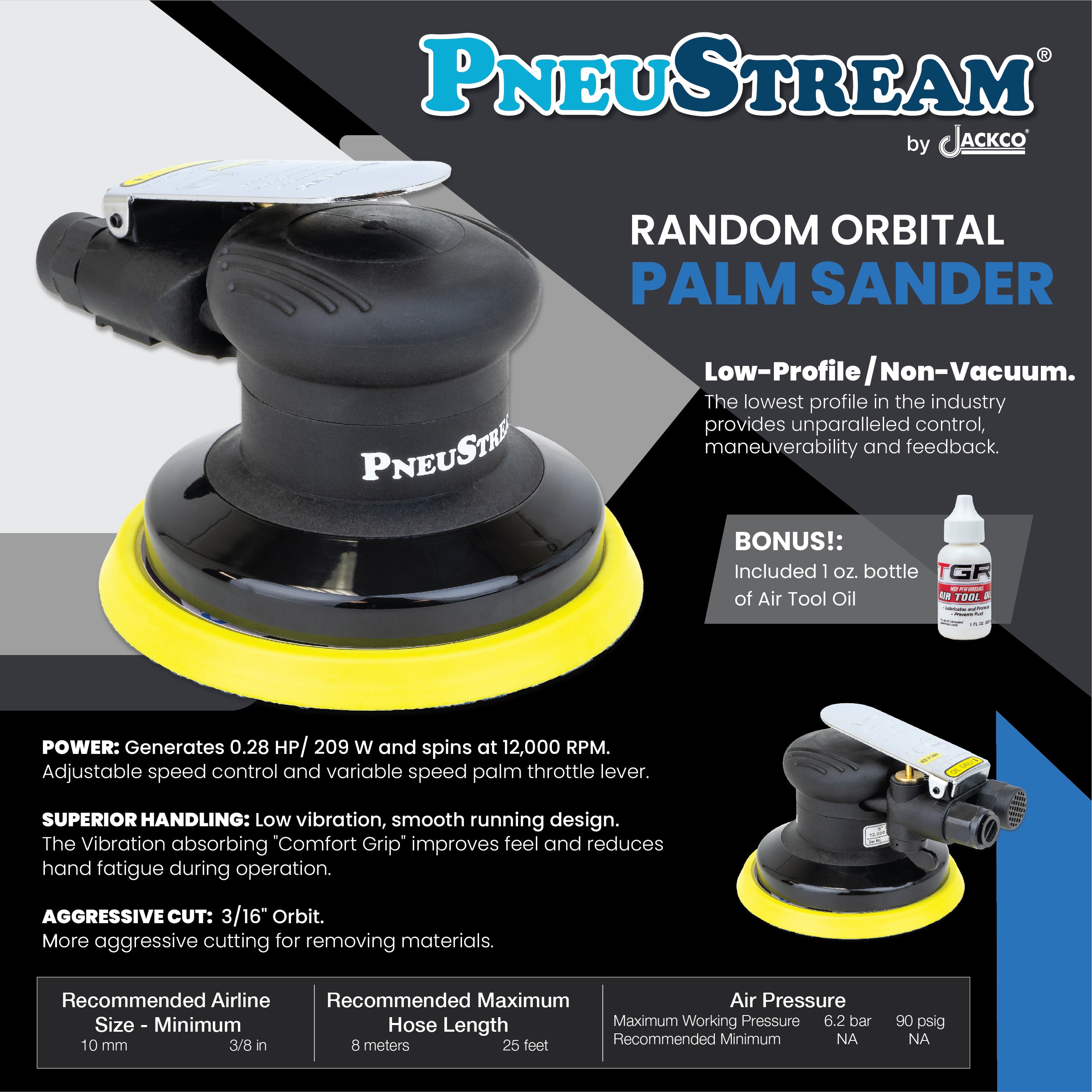 PneuStream 5" Palm Style Air Random Orbital Sander - 3/16" Orbit